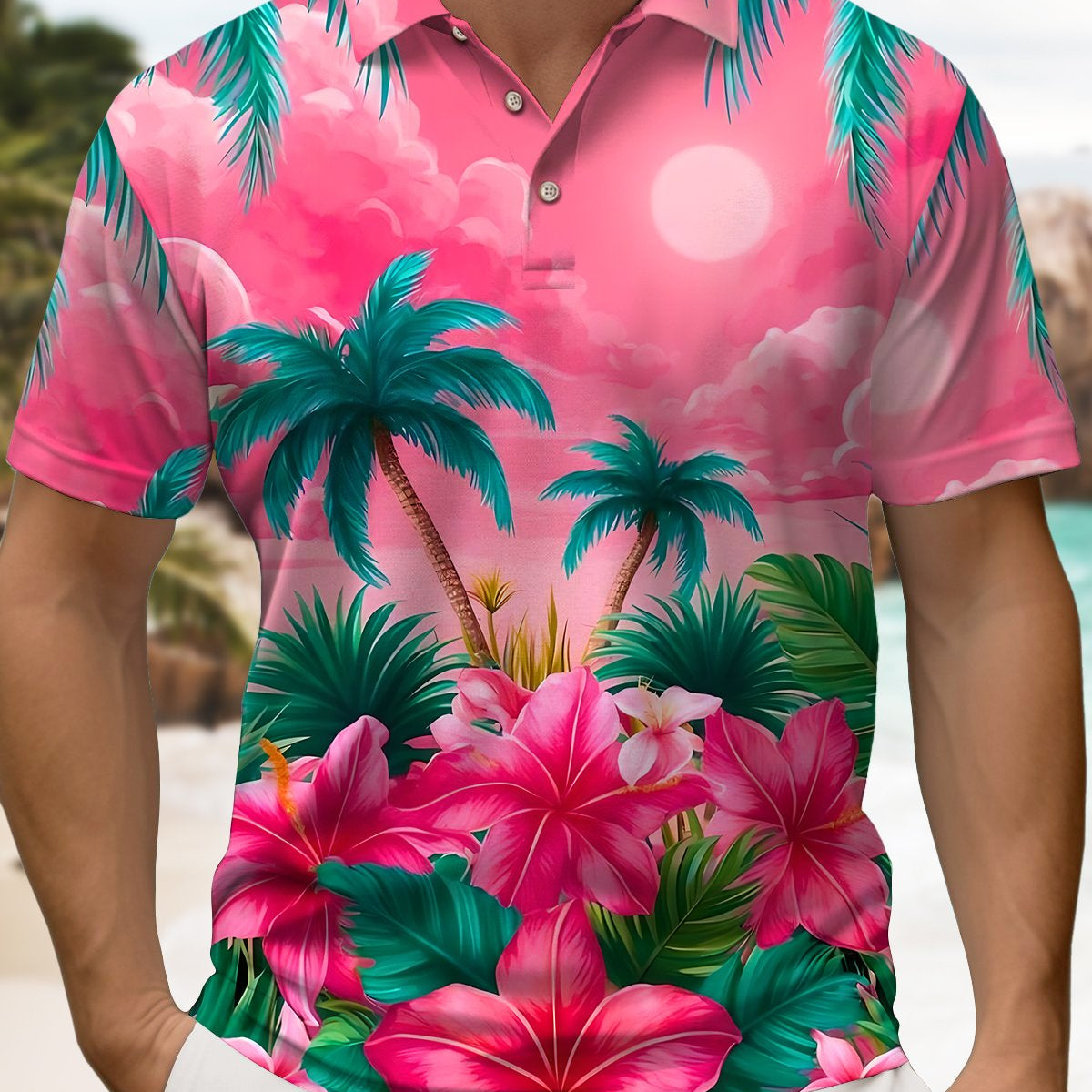 Alohadaddy® Hawaiian Beach Coconut Tree Tropical Landscape Polo Shirt