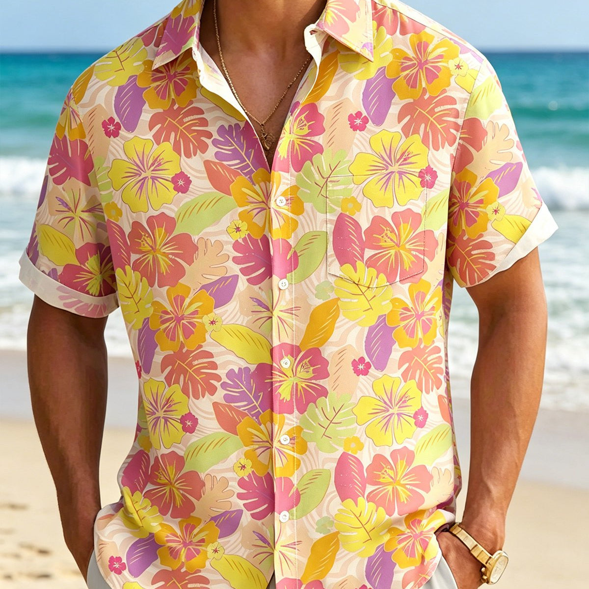 Alohadaddy® Hawaiian Holiday Tropical Hibiscus Floral Print Short-Sleeve Shirt