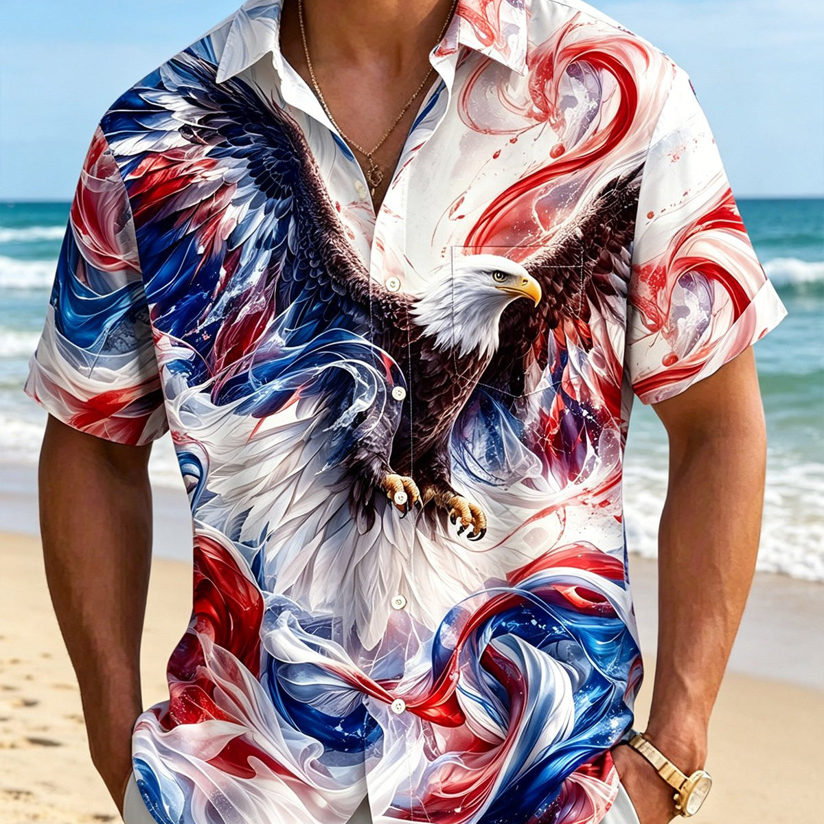 Alohadaddy® Independence Day Holiday Abstract Art Gradient Eagle Print Short-Sleeve Shirt