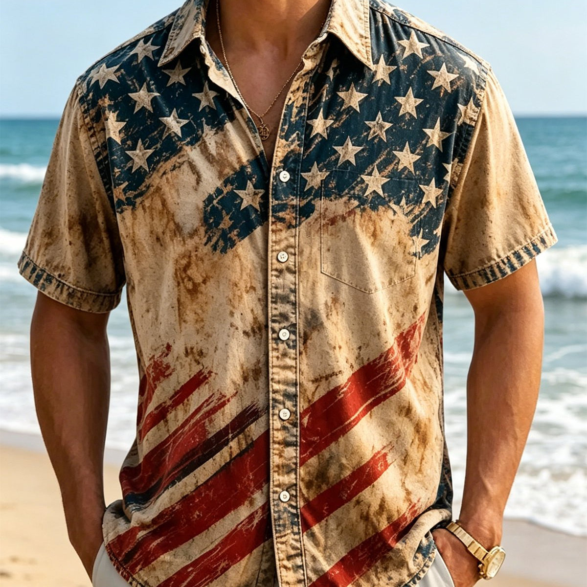 Alohadaddy® Men's Vintage-Textured Distressed Print Independence Day American Flag Short-Sleeve Shirt