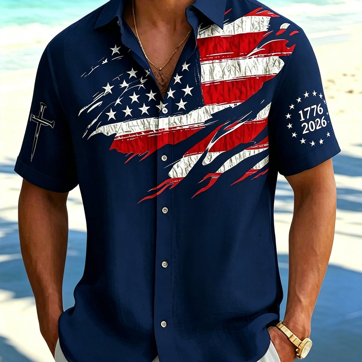 Alohadaddy® Men's Independence Day American Flag Print 250th Anniversary Short-Sleeve Shirt