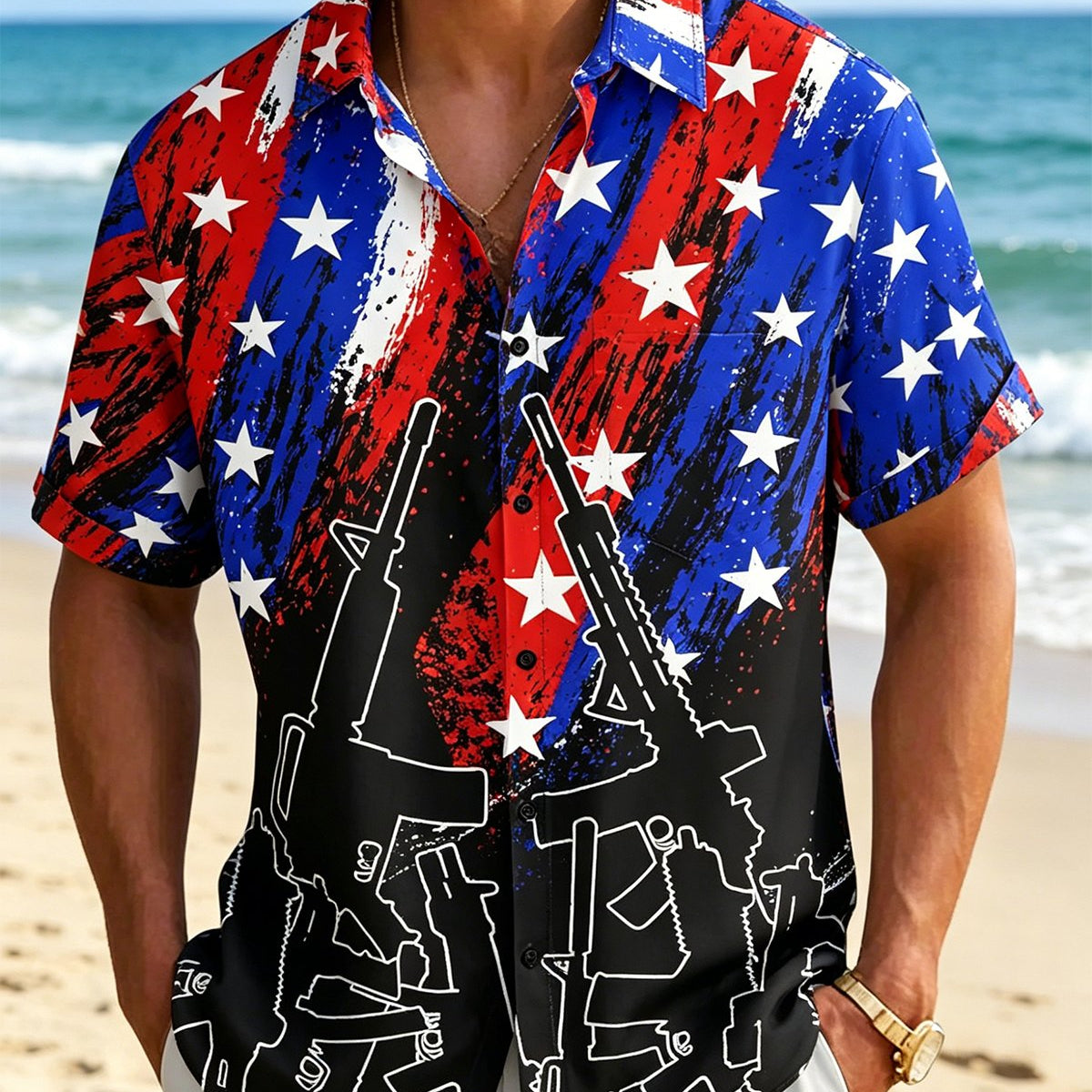 Alohadaddy® American Flag Independence Day Retro Print Short-Sleeve Shirt