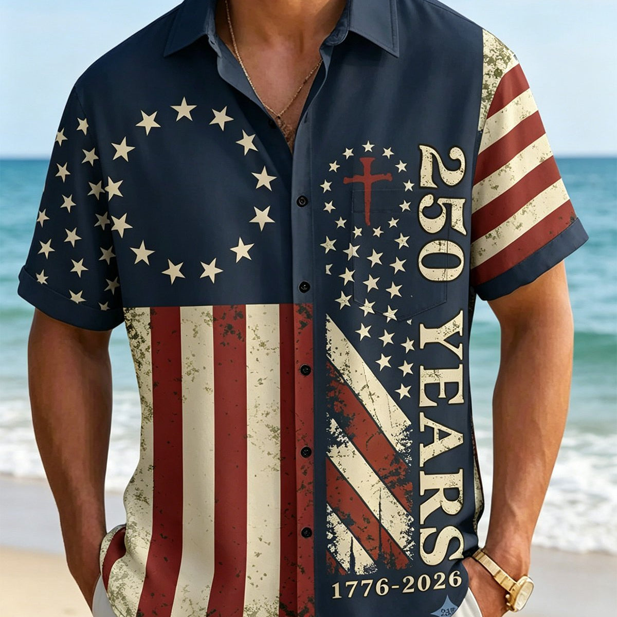 Alohadaddy® U.S. Flag 250th Independence Day Vintage Print Short-Sleeve Shirt