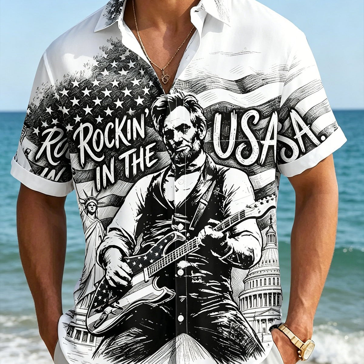 Alohadaddy® U.S. Flag & 250th Independence Day Rock Guitar Print Short-Sleeve Shirt