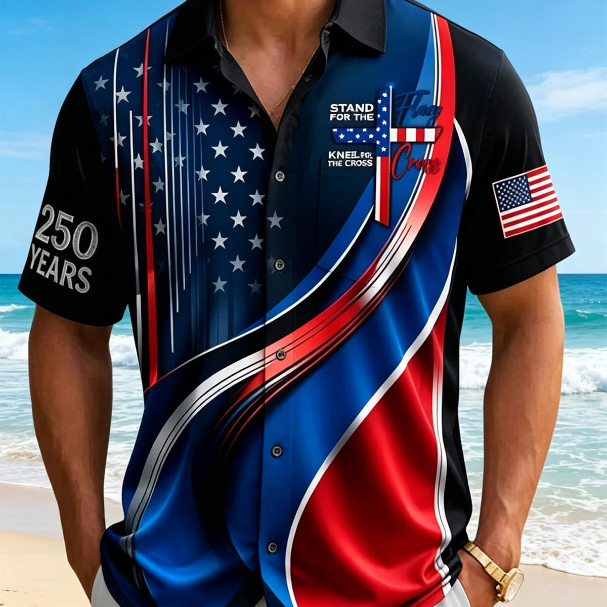 Alohadaddy® Men's Holiday Patriotic Faith American Cross 250 Years Print Retro Button Down Short-Sleesleeved Shirt