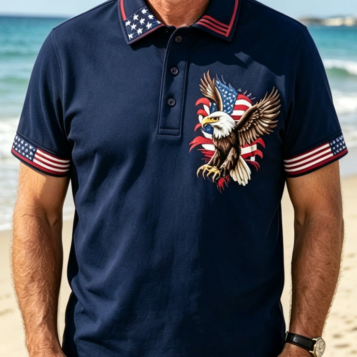 Alohadaddy® Men's Vintage USA Patriotic Bald Eagle American Flag Artistic Graphic Print Short Sleeve Polo Shirt