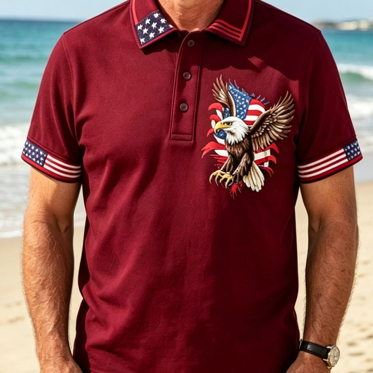 Alohadaddy® Men's Vintage USA Patriotic Bald Eagle American Flag Artistic Graphic Print Short Sleeve Polo Shirt