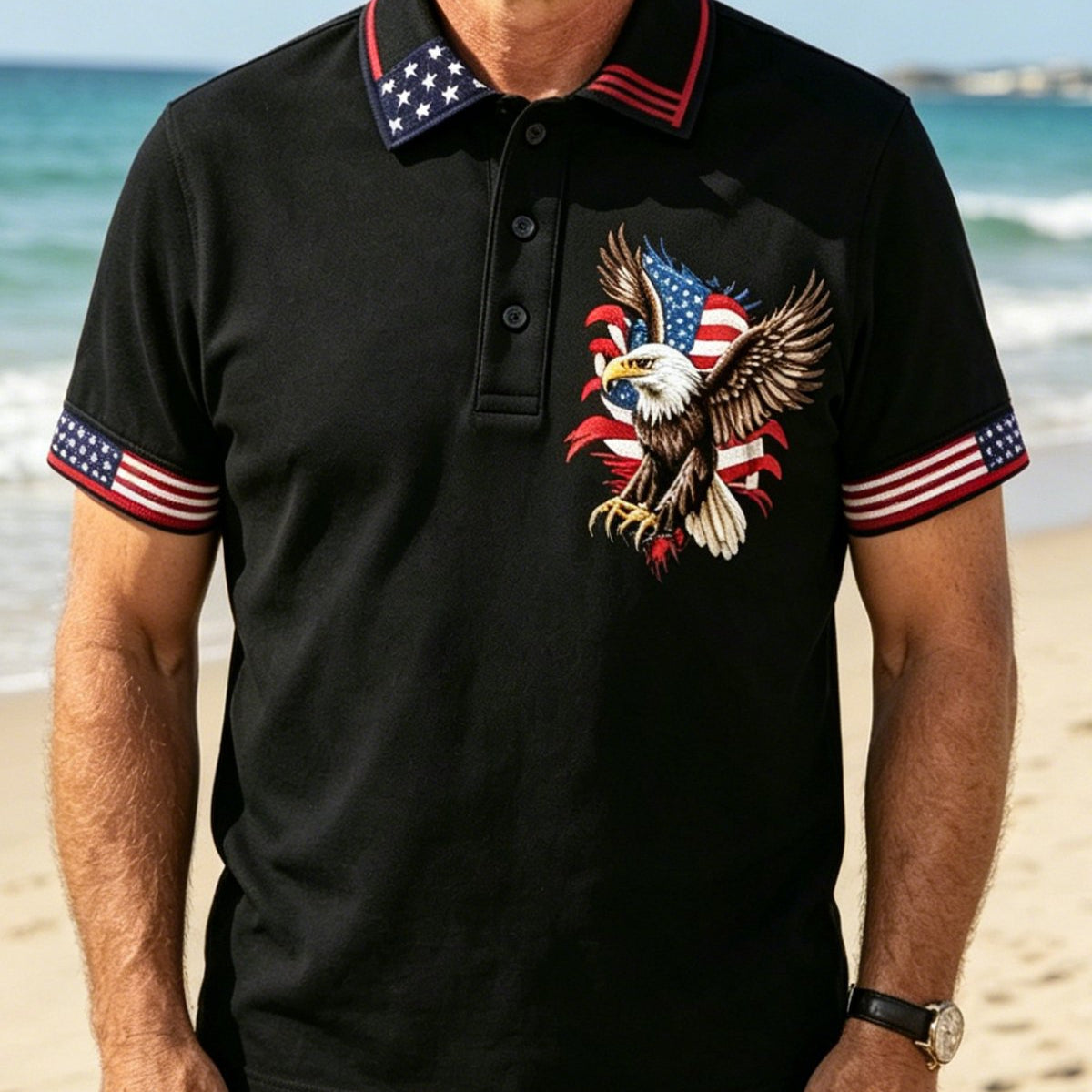 Alohadaddy® Men's Vintage USA Patriotic Bald Eagle American Flag Artistic Graphic Print Short Sleeve Polo Shirt