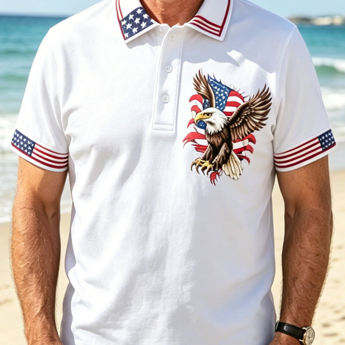 Alohadaddy® Men's Vintage USA Patriotic Bald Eagle American Flag Artistic Graphic Print Short Sleeve Polo Shirt
