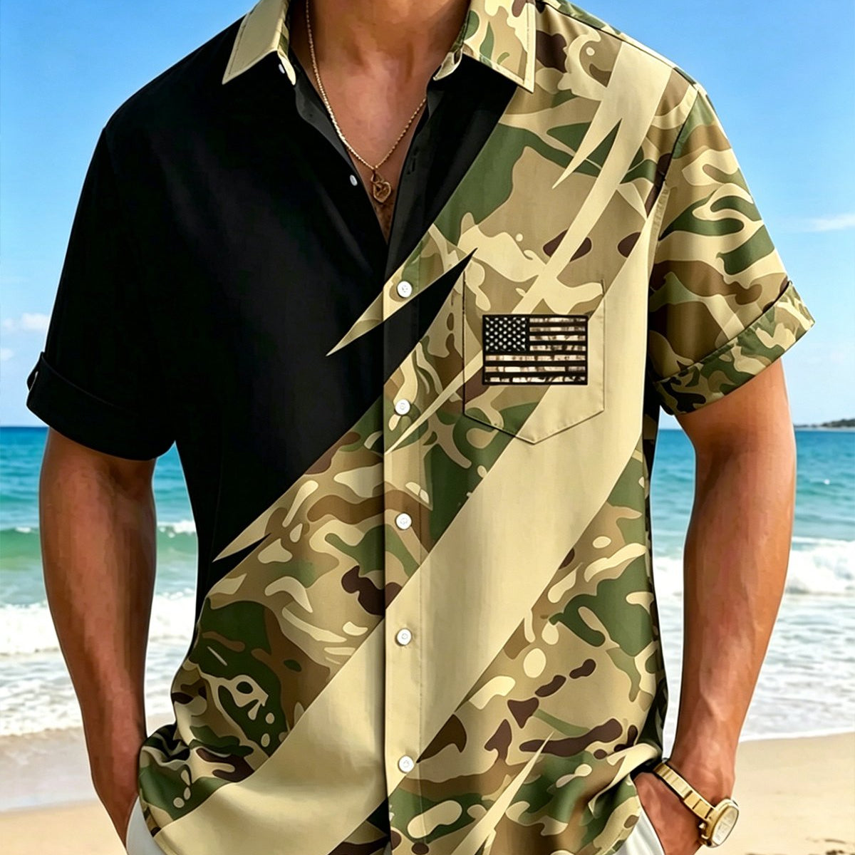 Alohadaddy® Men's Vintage Patriotic American Flag Tactical Camouflage Graphic Military Style Button-Down Pocket Short-Sleeve Shirt