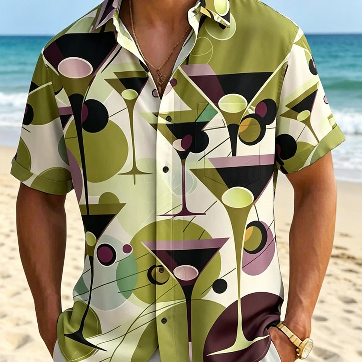 Alohadaddy® Men's Retro Hawaiian Geometric Cocktail Olive Short-Sleeve Shirt