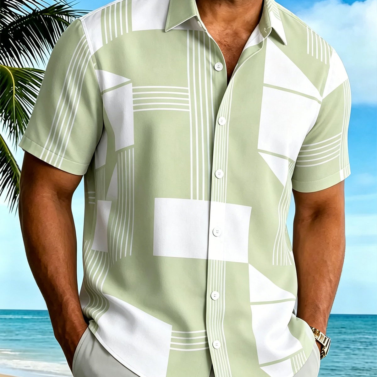 Alohadaddy® Basic Geometric Color-Block Retro Short-Sleeve Button-Down Shirt