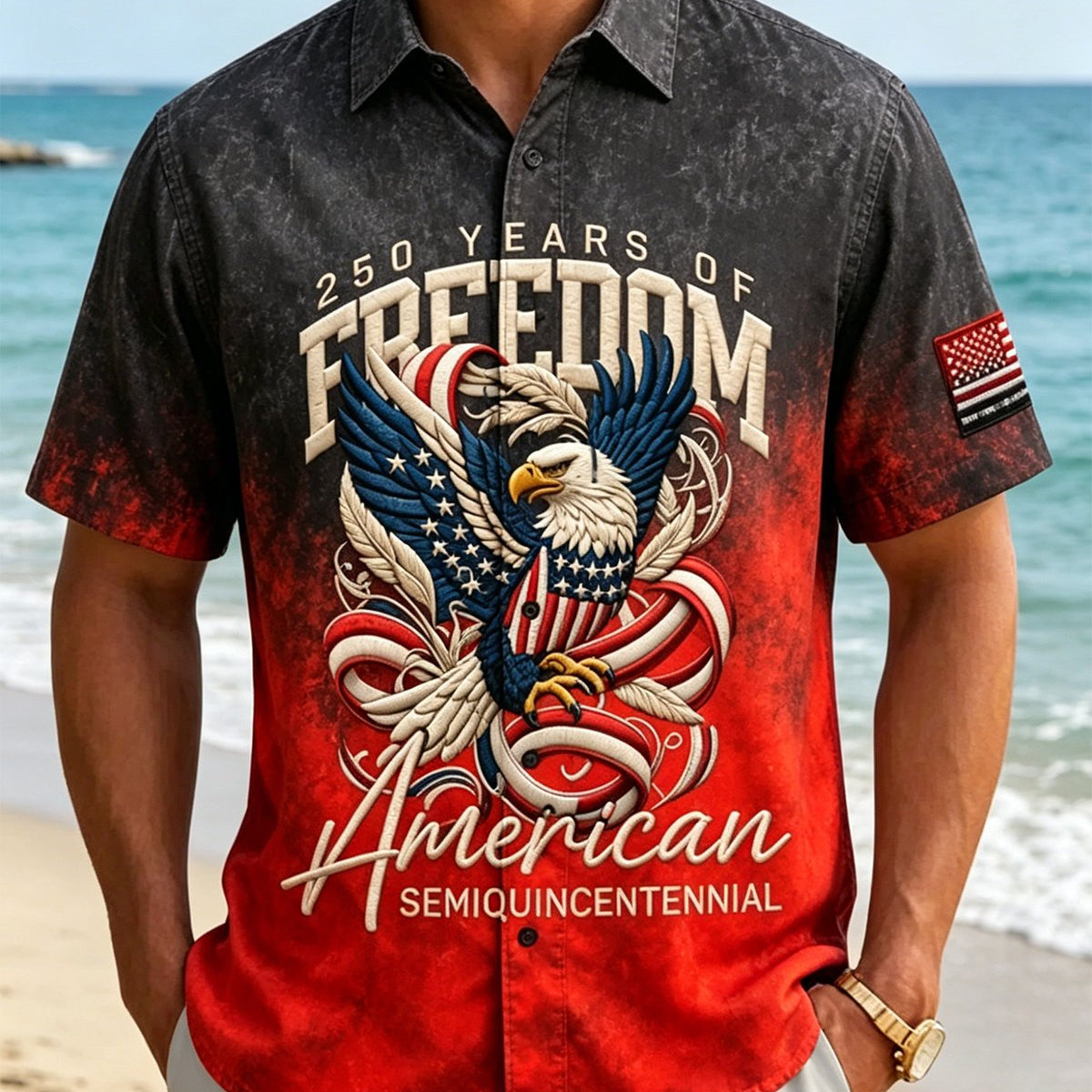 Alohadaddy® Holiday USA 250th Years Freedom Semiquincentennial Print Retro Button Down Short-Sleeve Shirt
