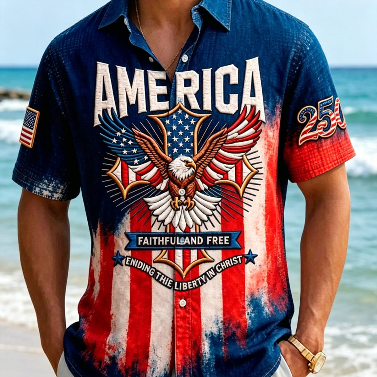 Alohadaddy®Men's Holiday USA 250th Faithful & Free Liberty USA 250th Heritage Christian Patriotism Ethos Print Retro Button Down Short-Sleeve Shirt