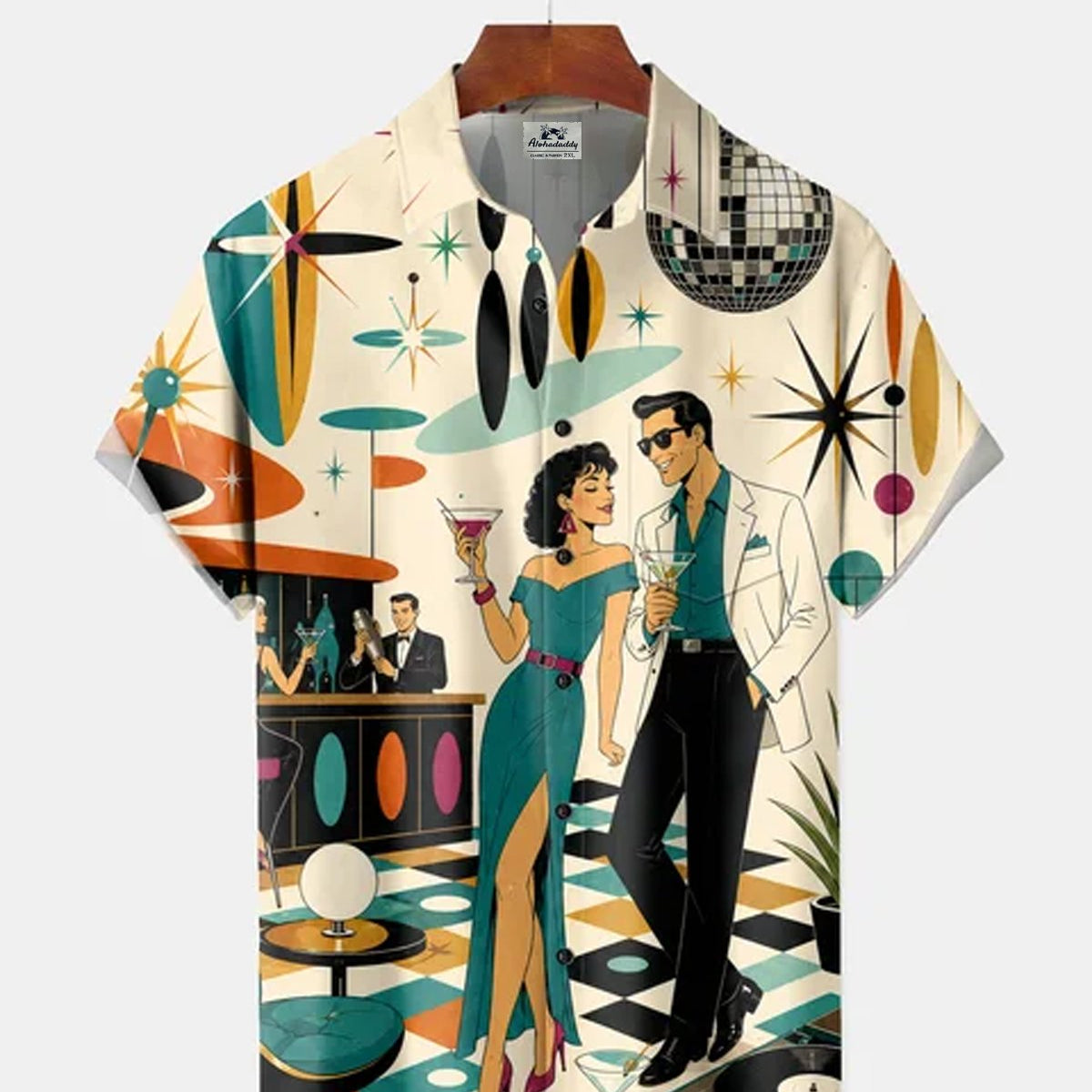 Alohadaddy® Retro Mid-Century Modern Geometric Atomic Cocktail Short-Sleeve Shirt