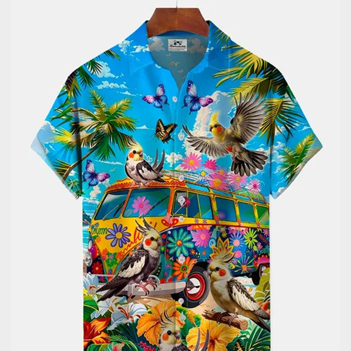 Alohadaddy® Hawaiian Parrot Coconut Tree Tropical Floral Short-Sleeve Shirt