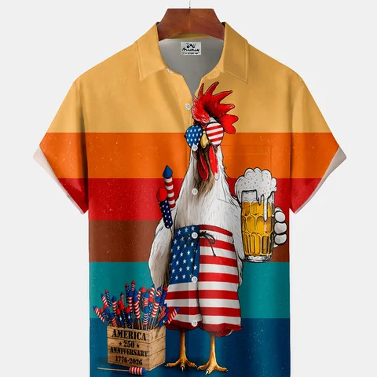 Alohadaddy® Vintage Rooster Beer Cartoon Flag Print Short-Sleeve Shirt