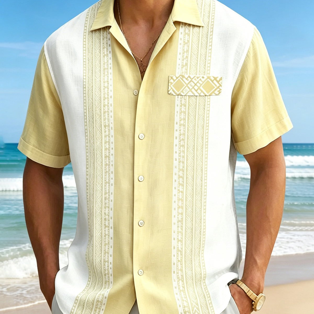 Alohadaddy® Men's Short-Sleeve Retro Breathable Geometric Bowling Shirt