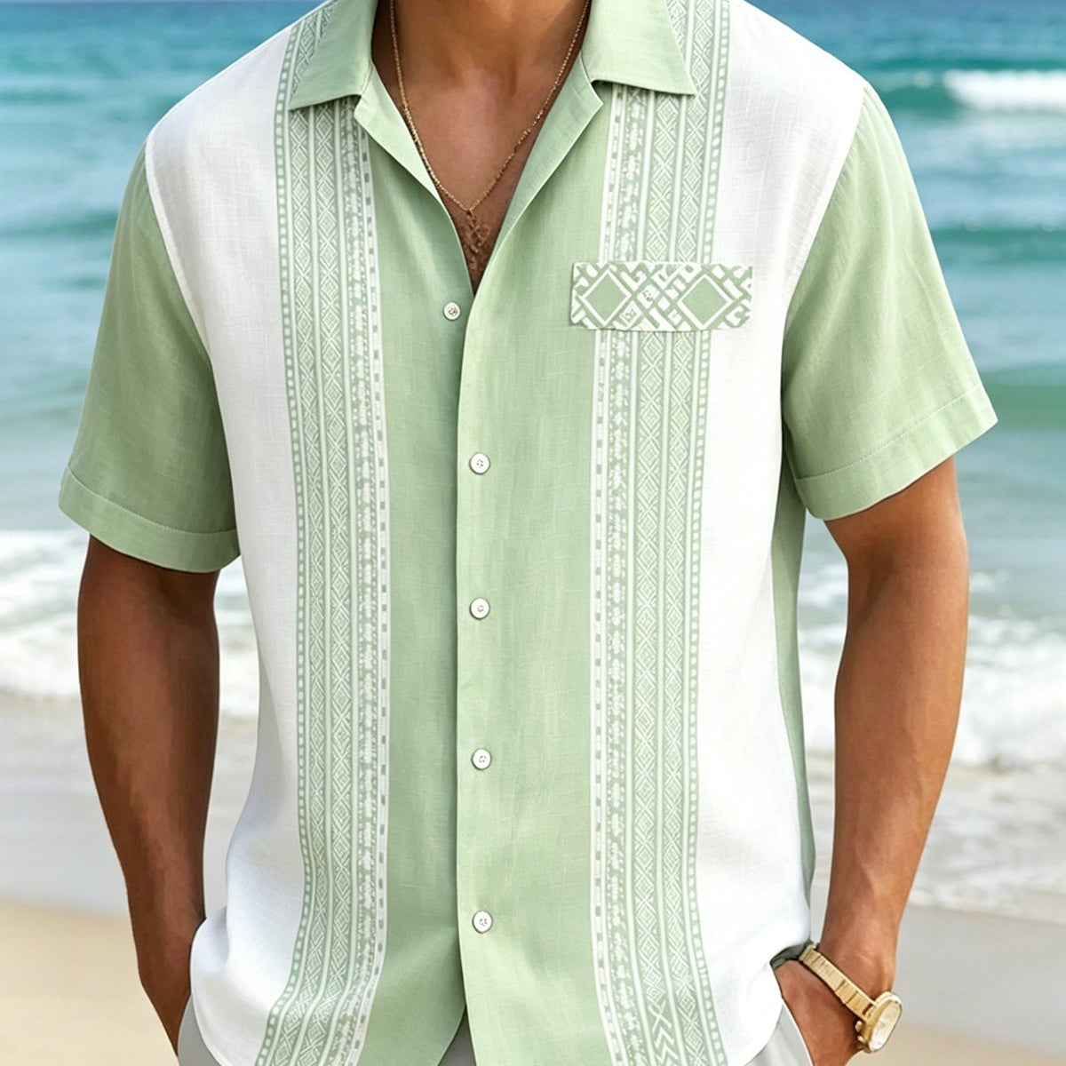 Alohadaddy® Men's Short-Sleeve Retro Breathable Geometric Bowling Shirt