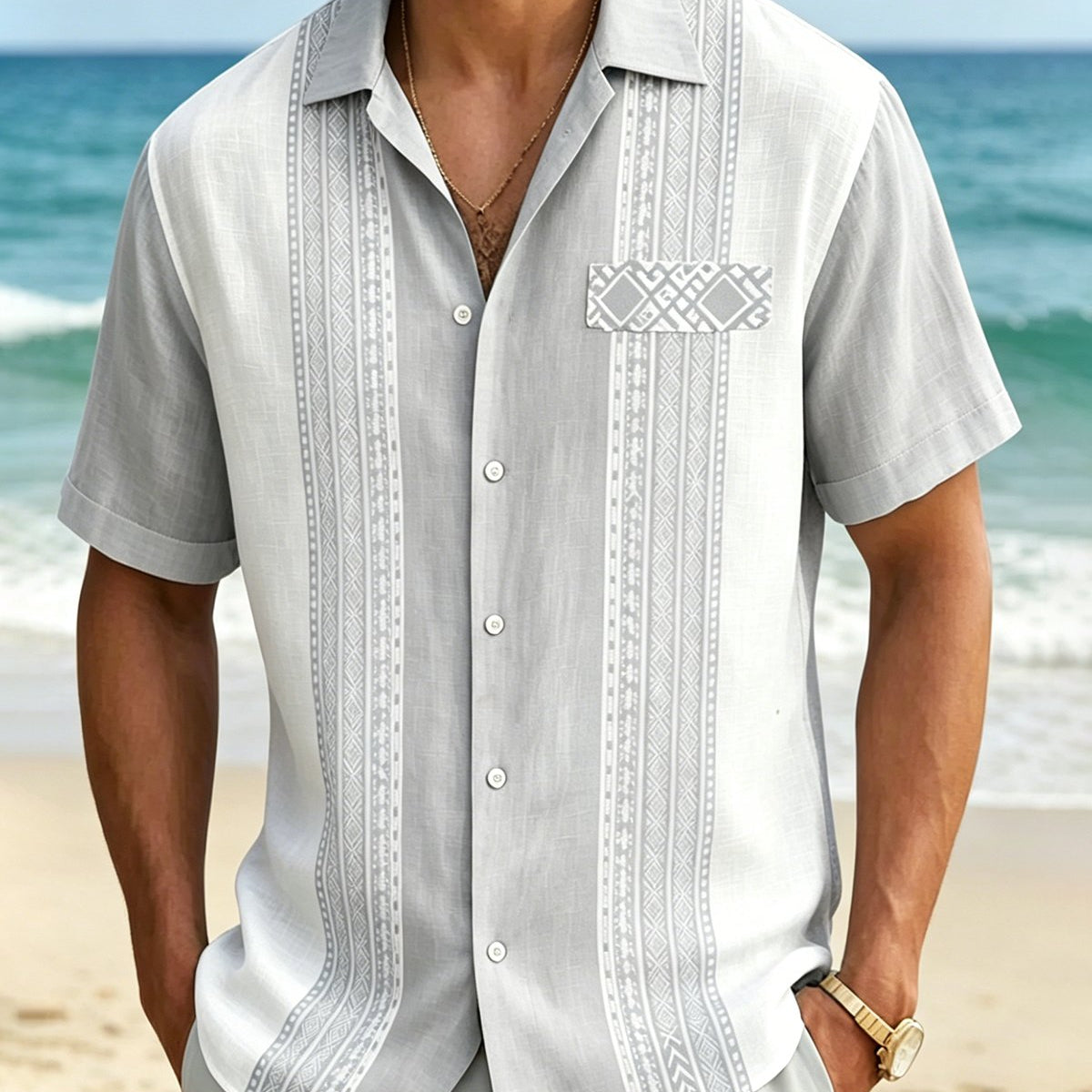 Alohadaddy® Men's Short-Sleeve Retro Breathable Geometric Bowling Shirt