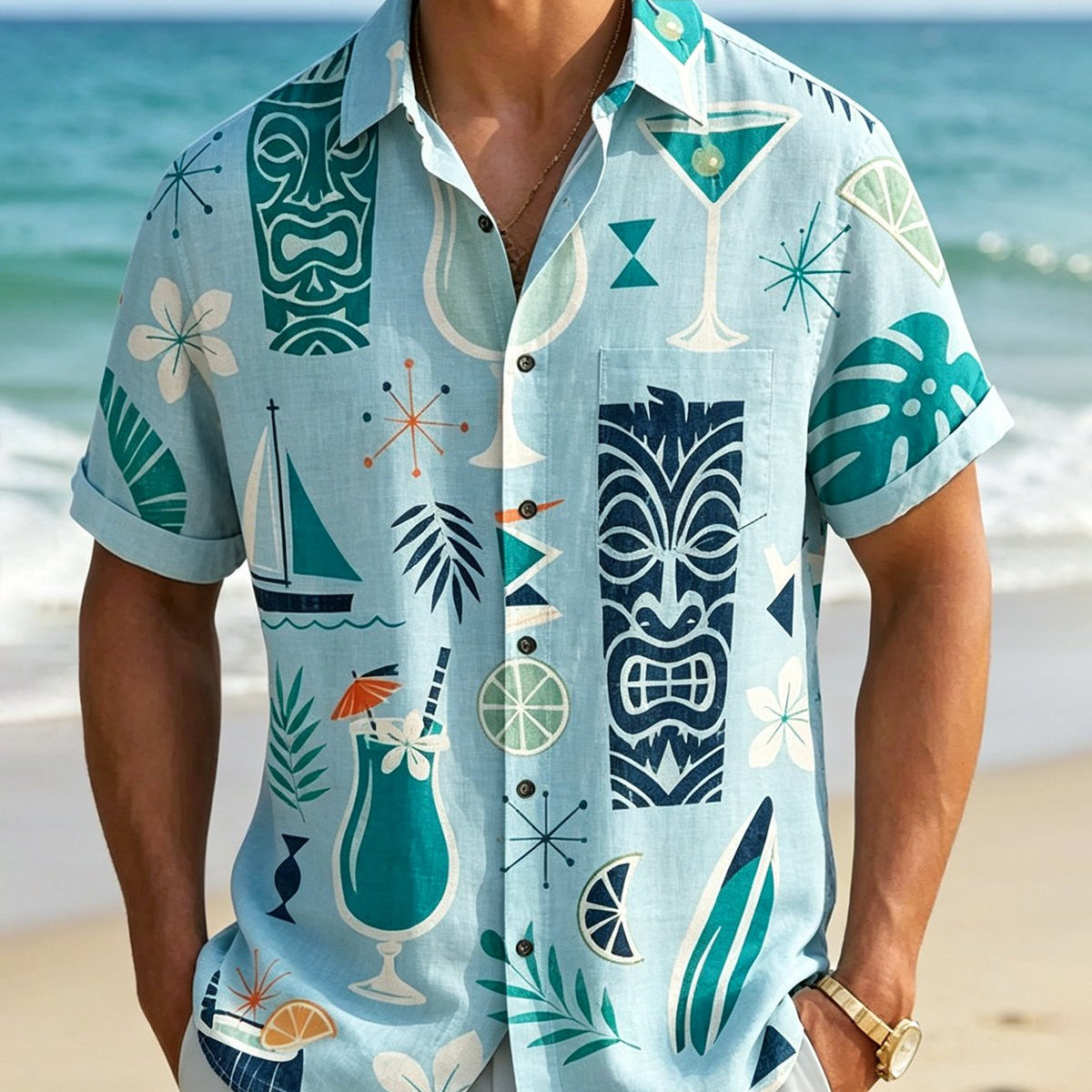 Alohadaddy® Hawaiian Tiki Cocktail Geometric Short-Sleeve Shirt
