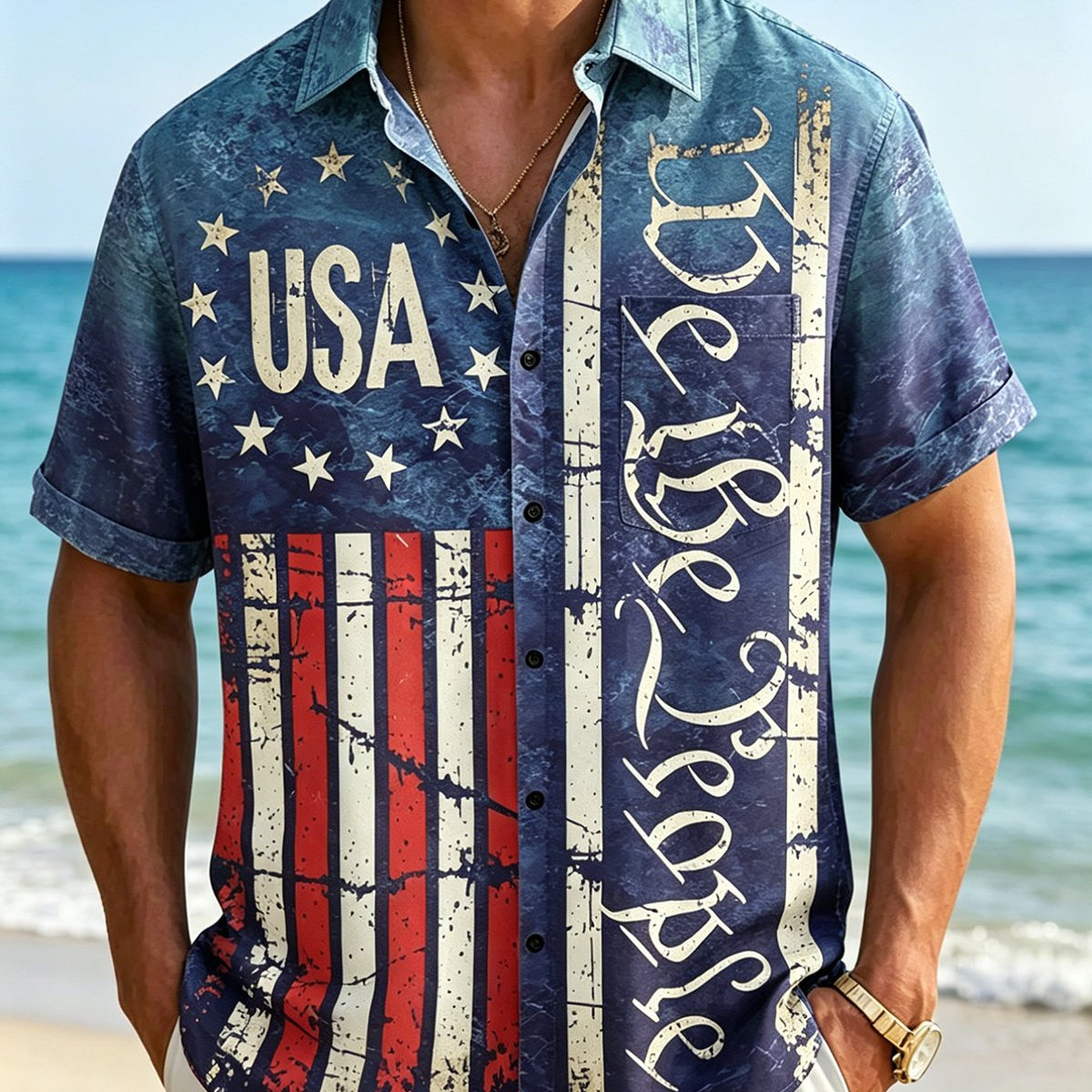 Alohadaddy® U.S. Independence Day Holiday Print Short-Sleeve Pocket Shirt