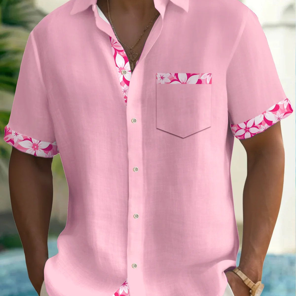 Alohadaddy® Basic Solid Hawaiian Men's Floral Stitching Pocket Shirt
