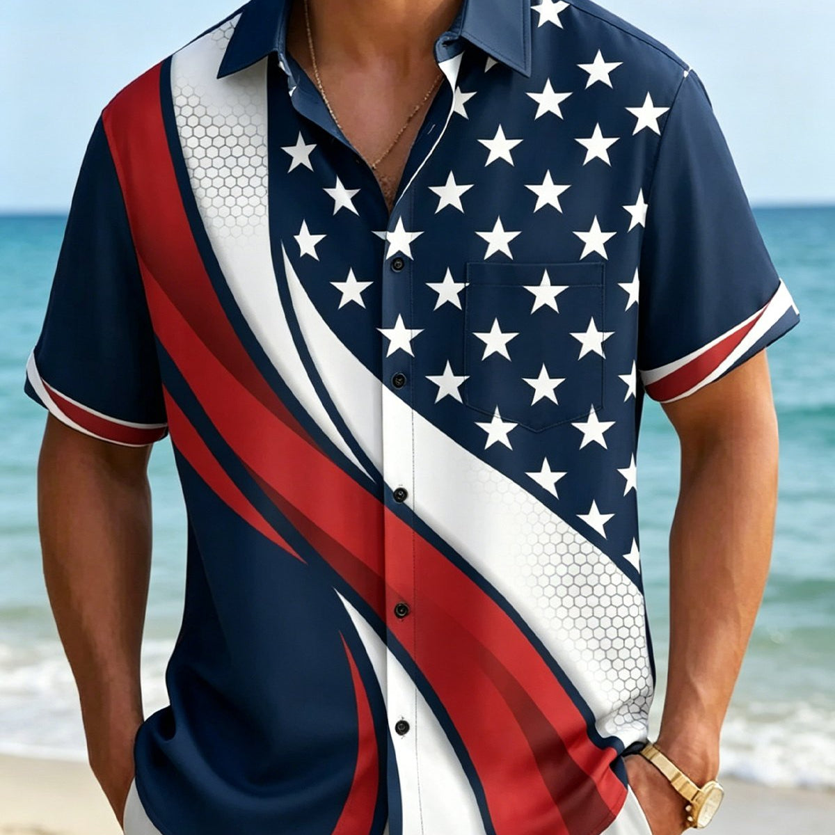 Alohadaddy® American Independence Day Flag Striped Five-Pointed Star Print Short-Sleeve Shirt with Pockets