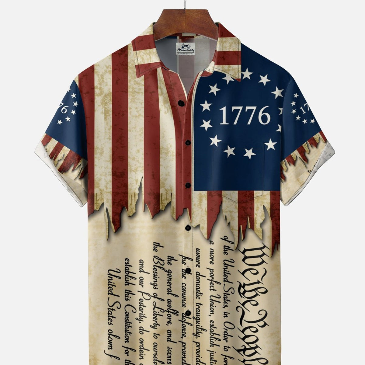 Alohadaddy® Independence Day Flag and Declaration Print Pocket Short-Sleeve Shirt