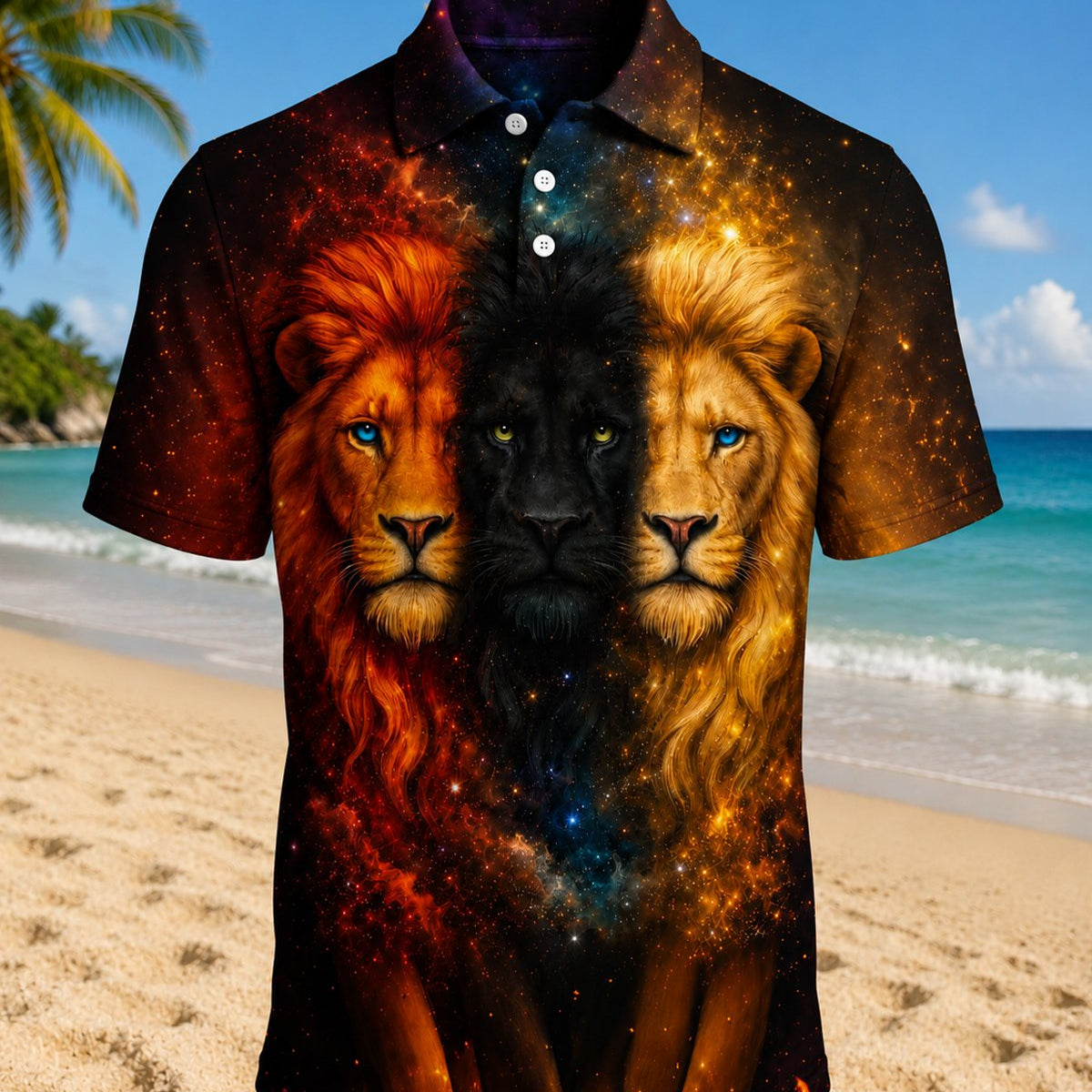 Alohadaddy® Men's Vintage Animal Print Gradient Lion Short-Sleeve Polo Shirt