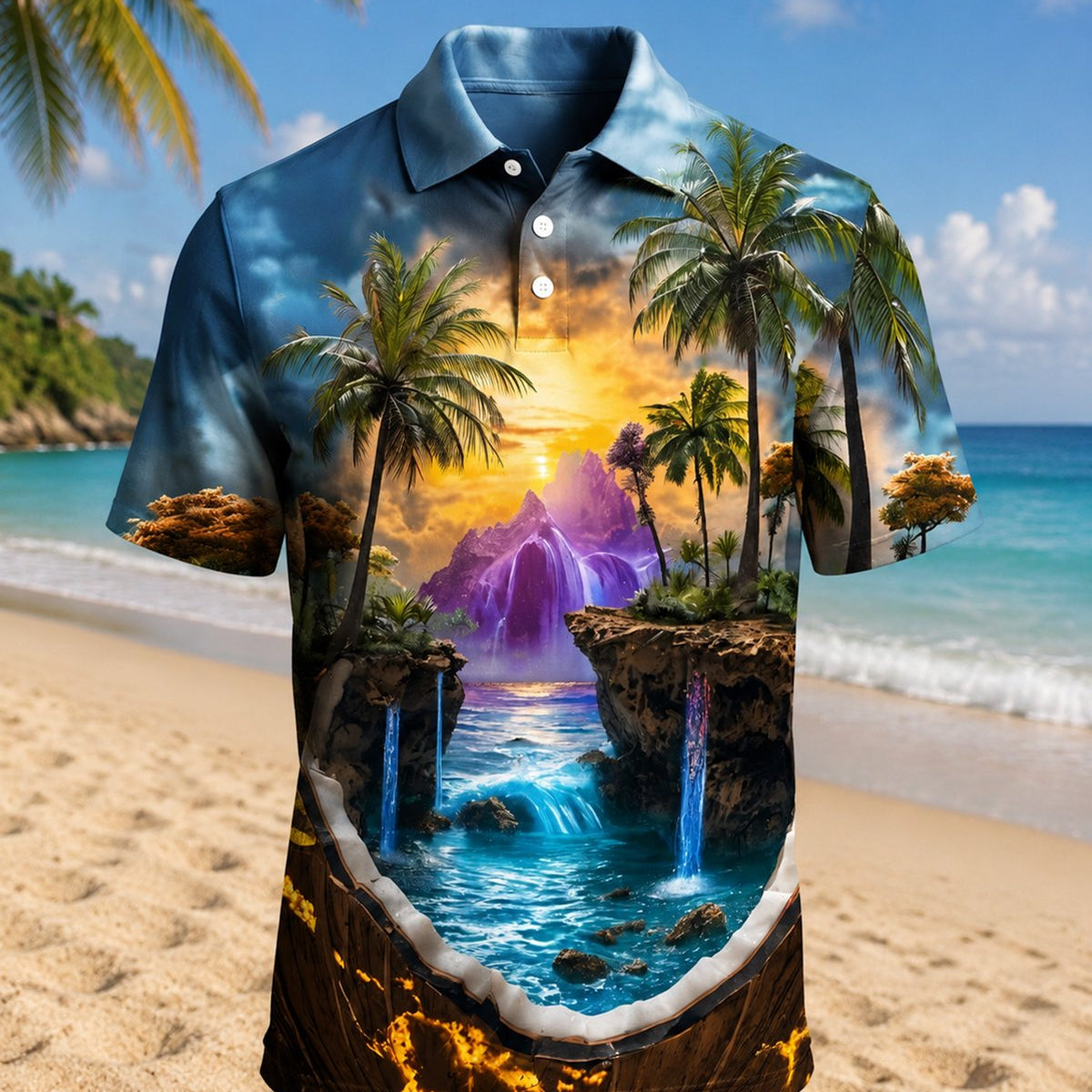 Alohadaddy® Men's Hawaiian Vintage Coconut Tree Beach Scenery Print Short-Sleeve Polo Shirt