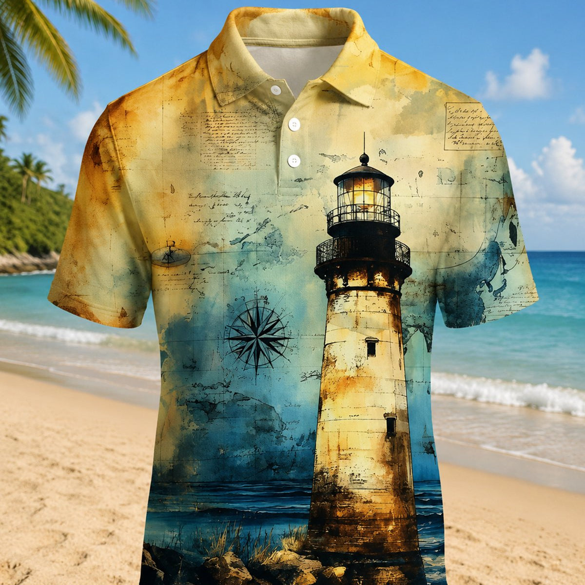 Alohadaddy® Men's Vintage Hawaiian Lighthouse Print Short-Sleeve Polo Shirt