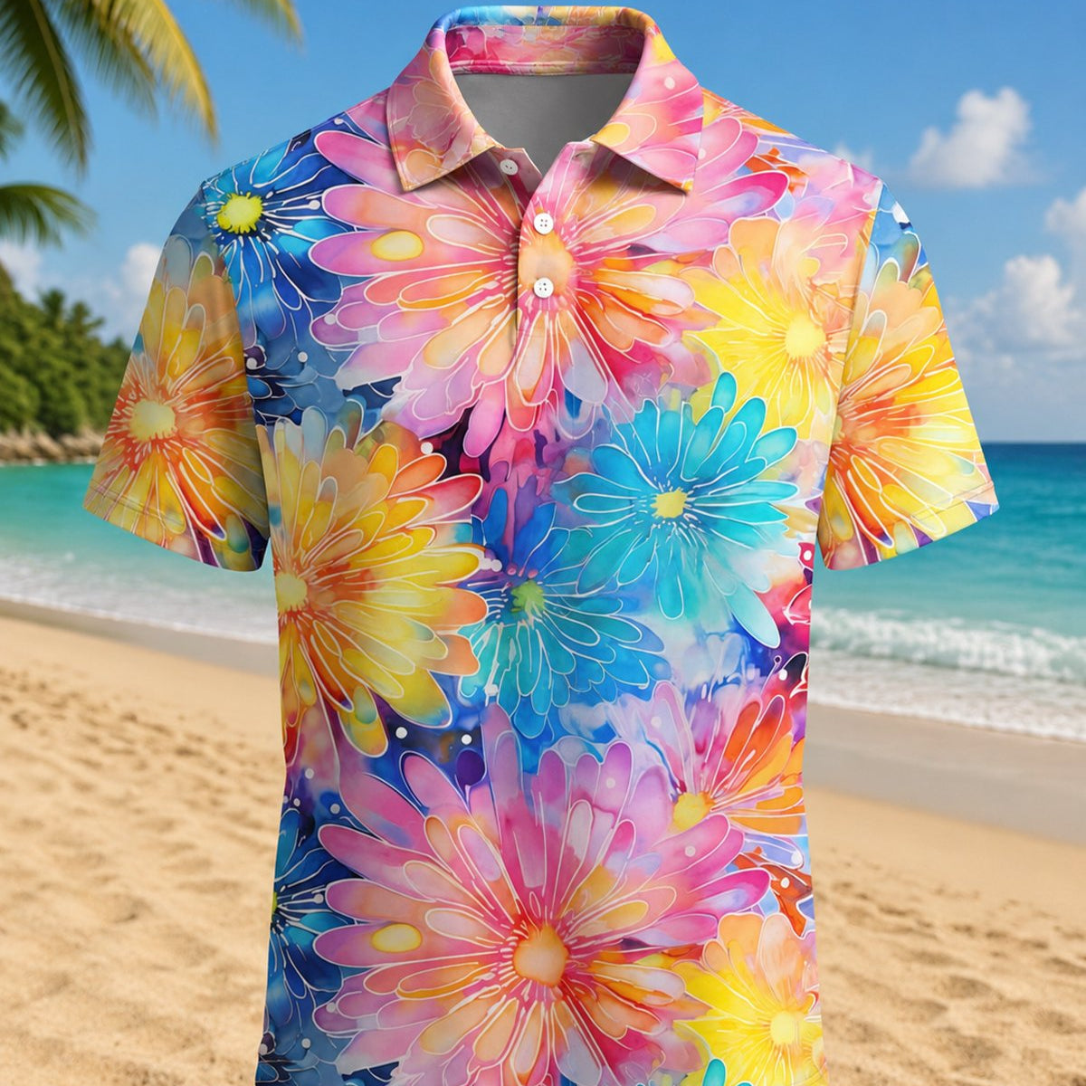 Alohadaddy® Men's Hawaiian Floral Watercolor Print Short-Sleeve Polo Shirt