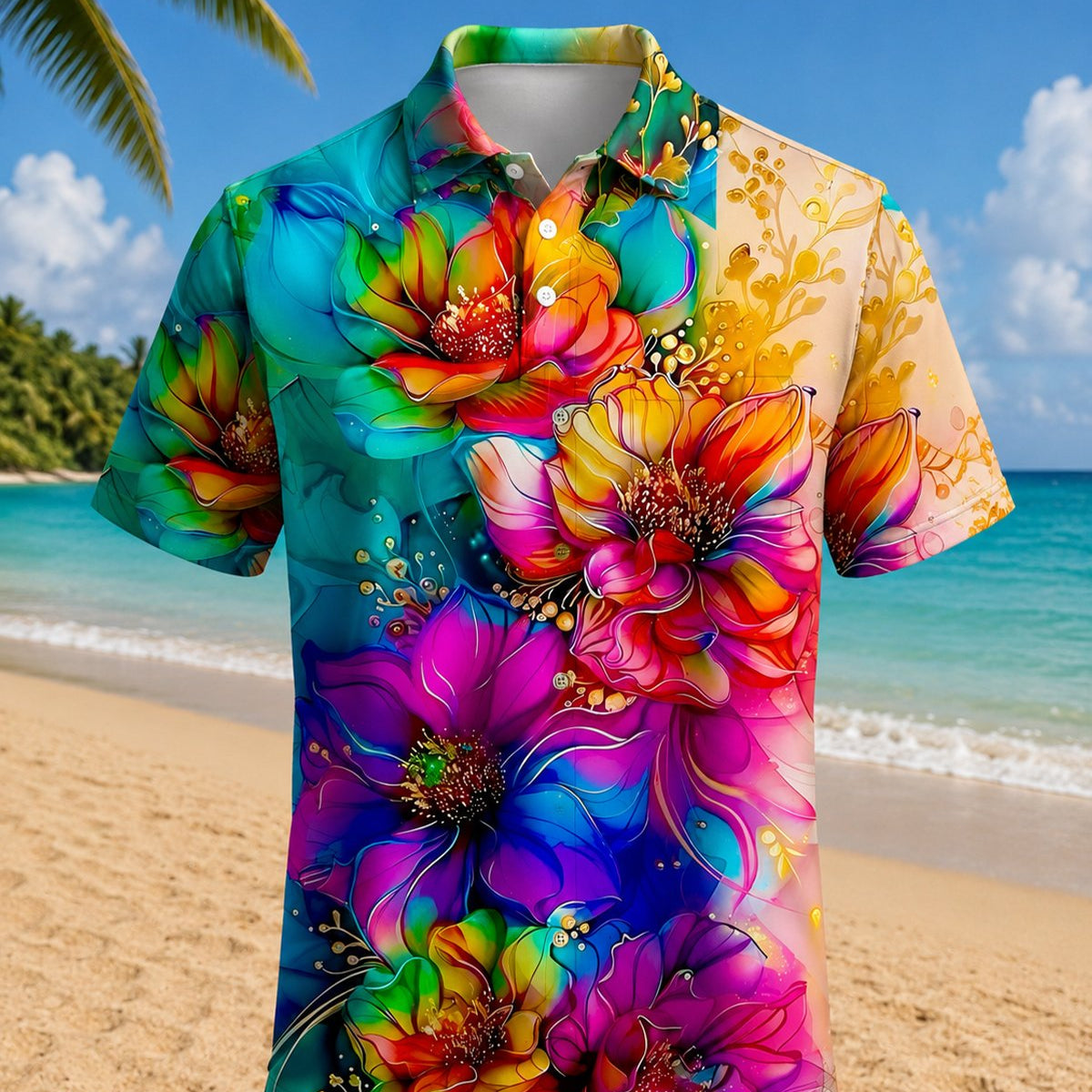 Alohadaddy® Men's Hawaiian Floral Abstract Print Short-Sleeve Polo Shirt