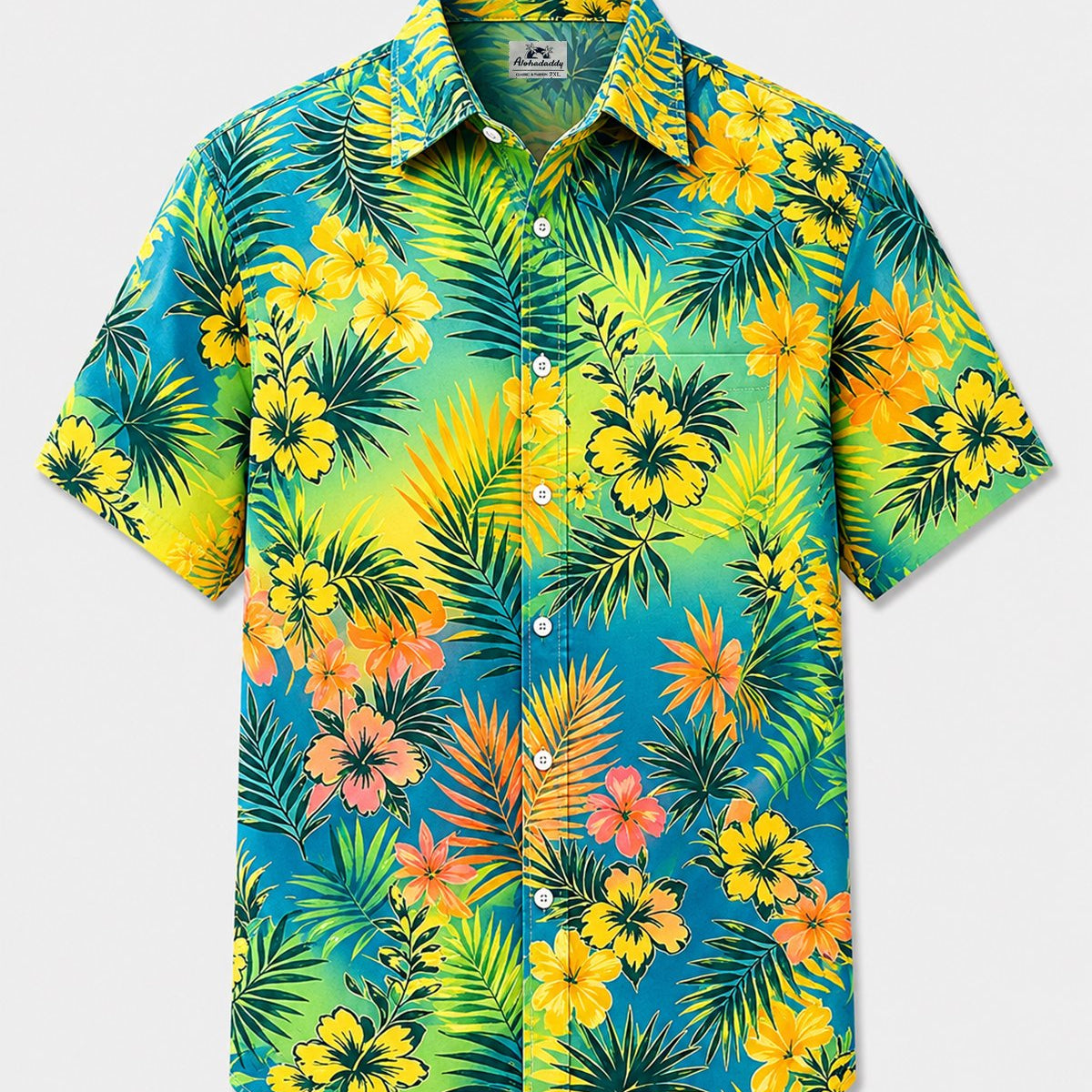 Alohadaddy® Hawaiian Tropical Floral Gradient Leaf Print Short-Sleeve Shirt
