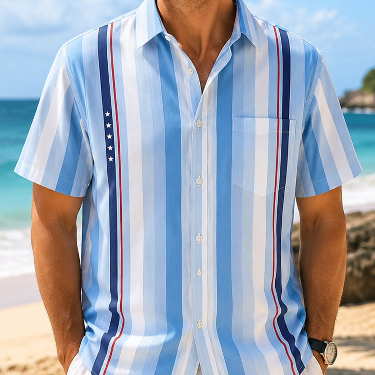 Alohadaddy® Basic Geometric Striped Men's Pocket Button Short-Sleeve Shirt