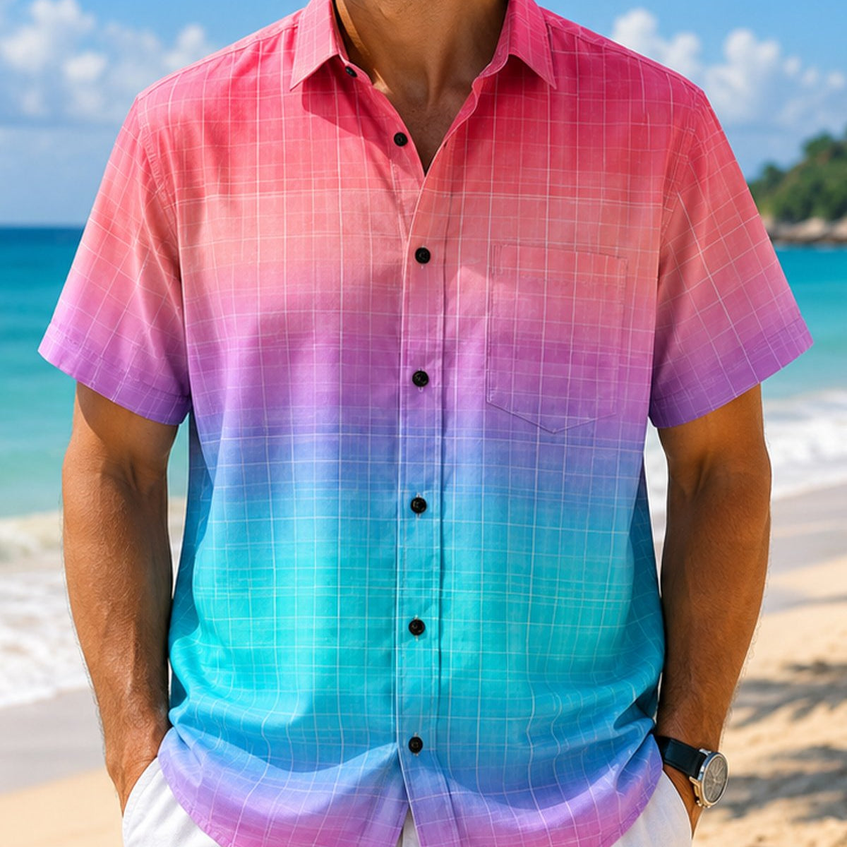 Alohadaddy® Vintage Gradient Pocket Button Short-Sleeve Shirt