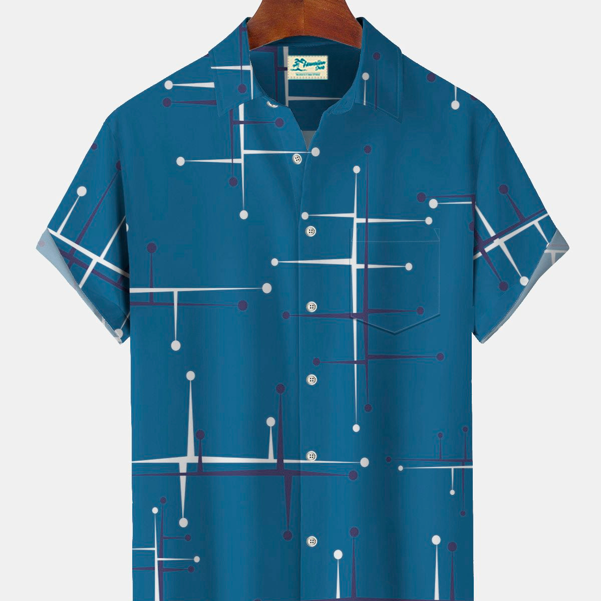 Camisas de campamento para hombre de estilo hawaiano, modernas, geométricas y azules, de estilo vintage de mediados de siglo, de los años 50, de Alohadaddy, con bolsillos y elastizadas