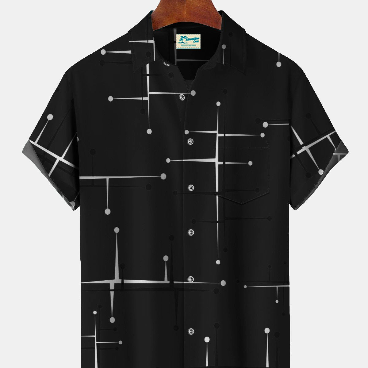 Camisas de campamento para hombre de estilo hawaiano, modernas, geométricas y azules, de estilo vintage de mediados de siglo, de los años 50, de Alohadaddy, con bolsillos y elastizadas