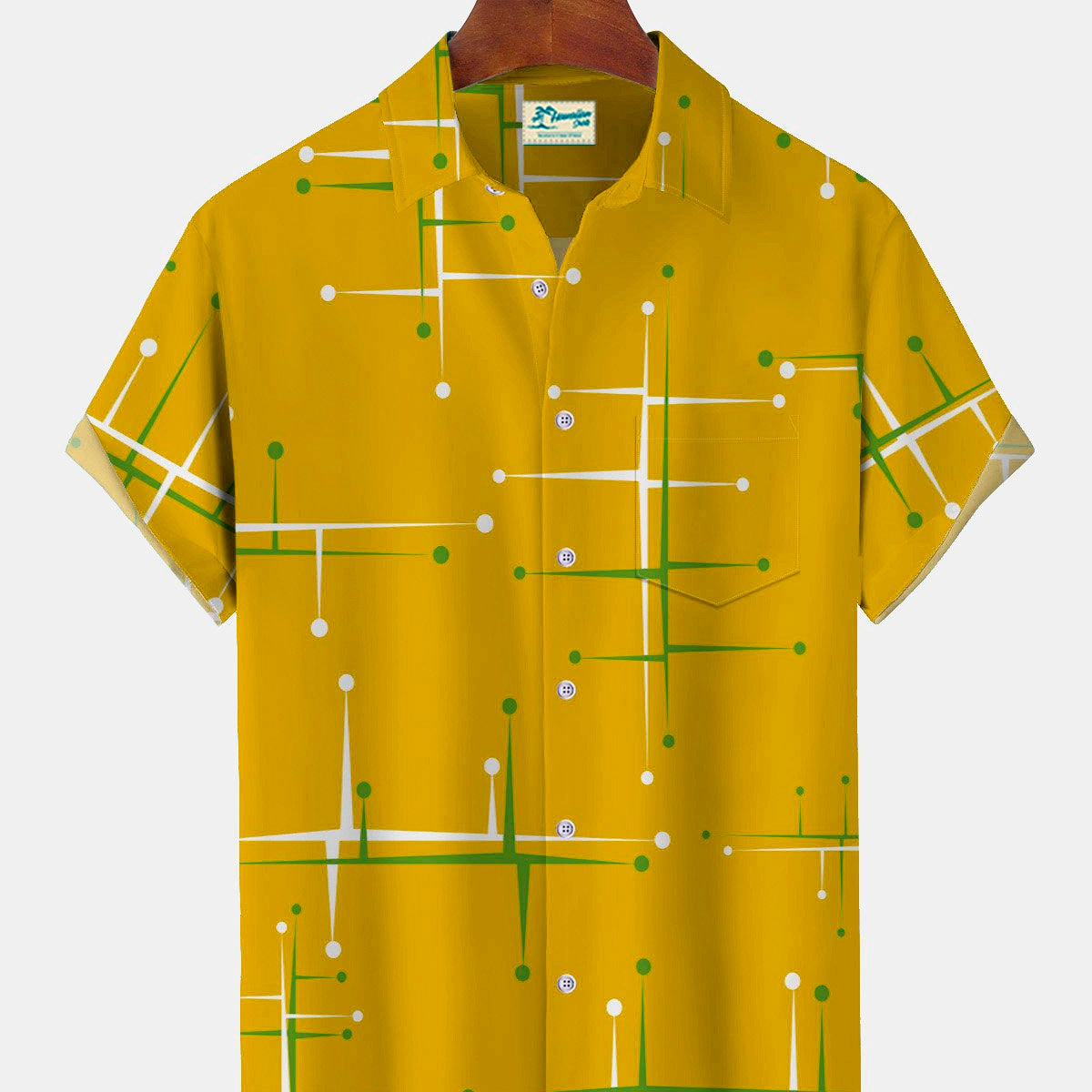 Camisas de campamento para hombre de estilo hawaiano, modernas, geométricas y azules, de estilo vintage de mediados de siglo, de los años 50, de Alohadaddy, con bolsillos y elastizadas