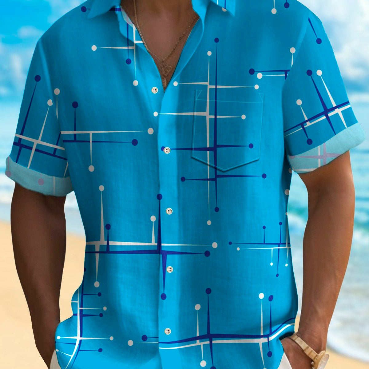 Camisas de campamento para hombre de estilo hawaiano, modernas, geométricas y azules, de estilo vintage de mediados de siglo, de los años 50, de Alohadaddy, con bolsillos y elastizadas
