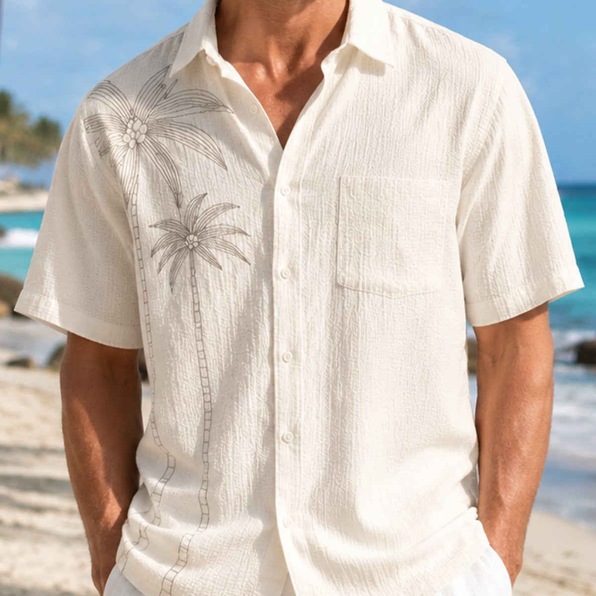 Alohadaddy® Basic Seersucker Wrinkle-Resistant Solid Color Coconut Tree Short-Sleeve Shirt