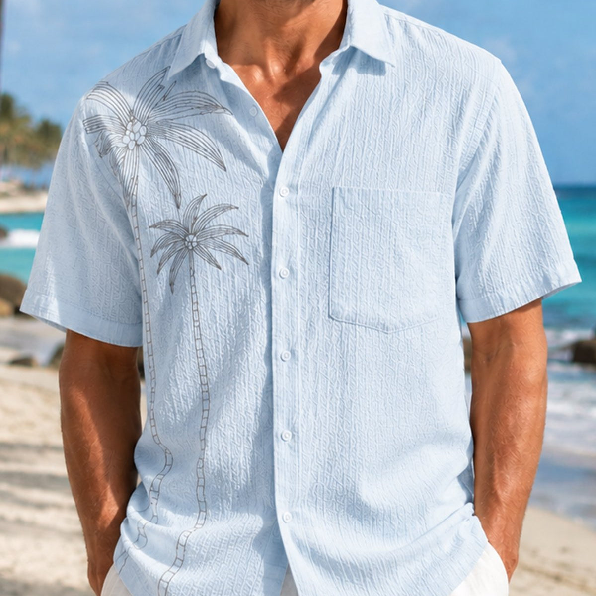 Alohadaddy® Basic Seersucker Wrinkle-Resistant Solid Color Coconut Tree Short-Sleeve Shirt
