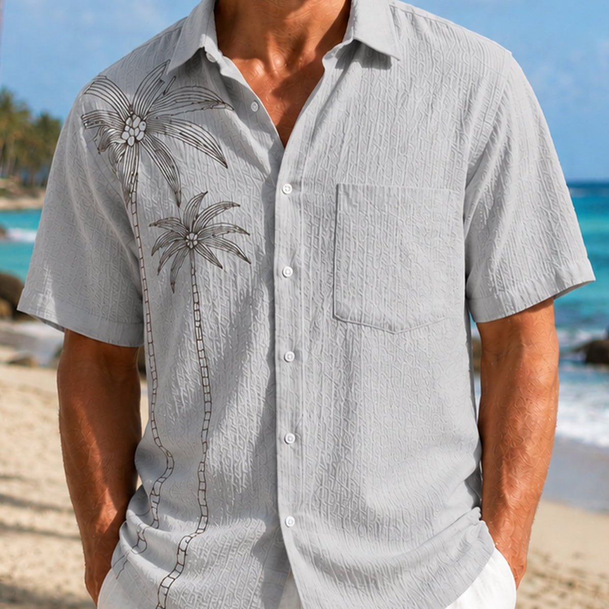 Alohadaddy® Basic Seersucker Wrinkle-Resistant Solid Color Coconut Tree Short-Sleeve Shirt