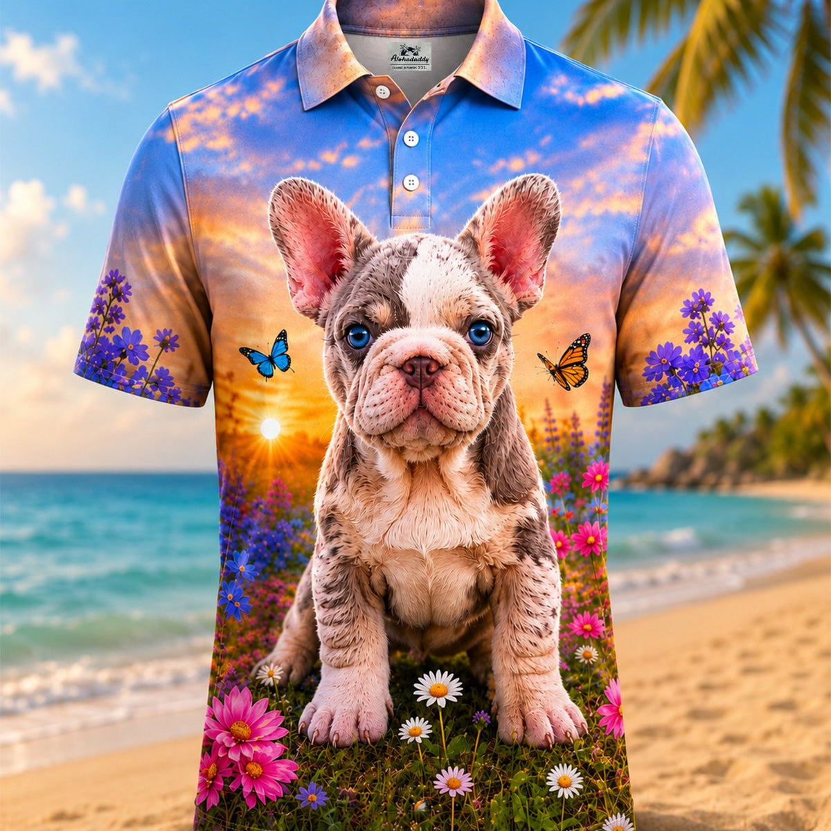 Alohadaddy® Vintage Beach Floral Dog Print Short-Sleeve Polo Shirt