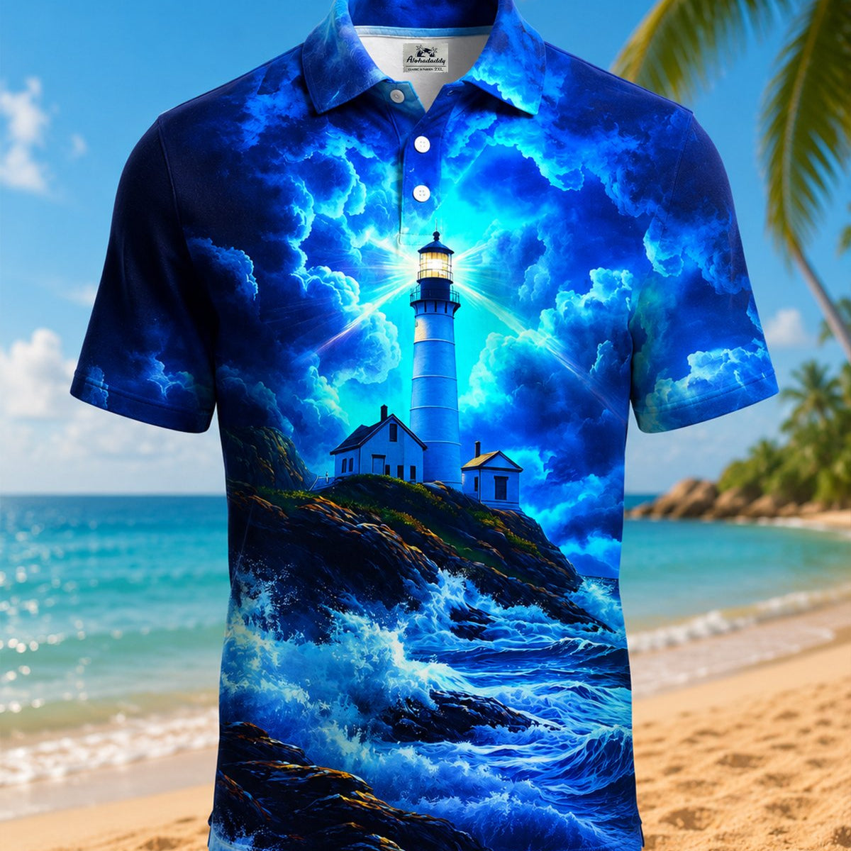 Alohadaddy® Retro Beach Ocean Lighthouse Gradient Polo Short-Sleeve Shirt
