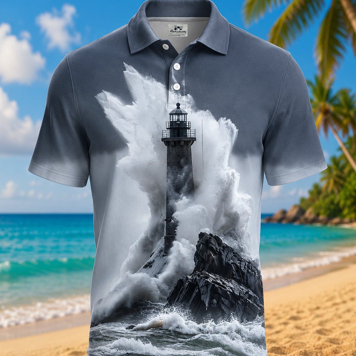 Alohadaddy® Retro Beach Ocean Lighthouse Polo Short-Sleeve Shirt