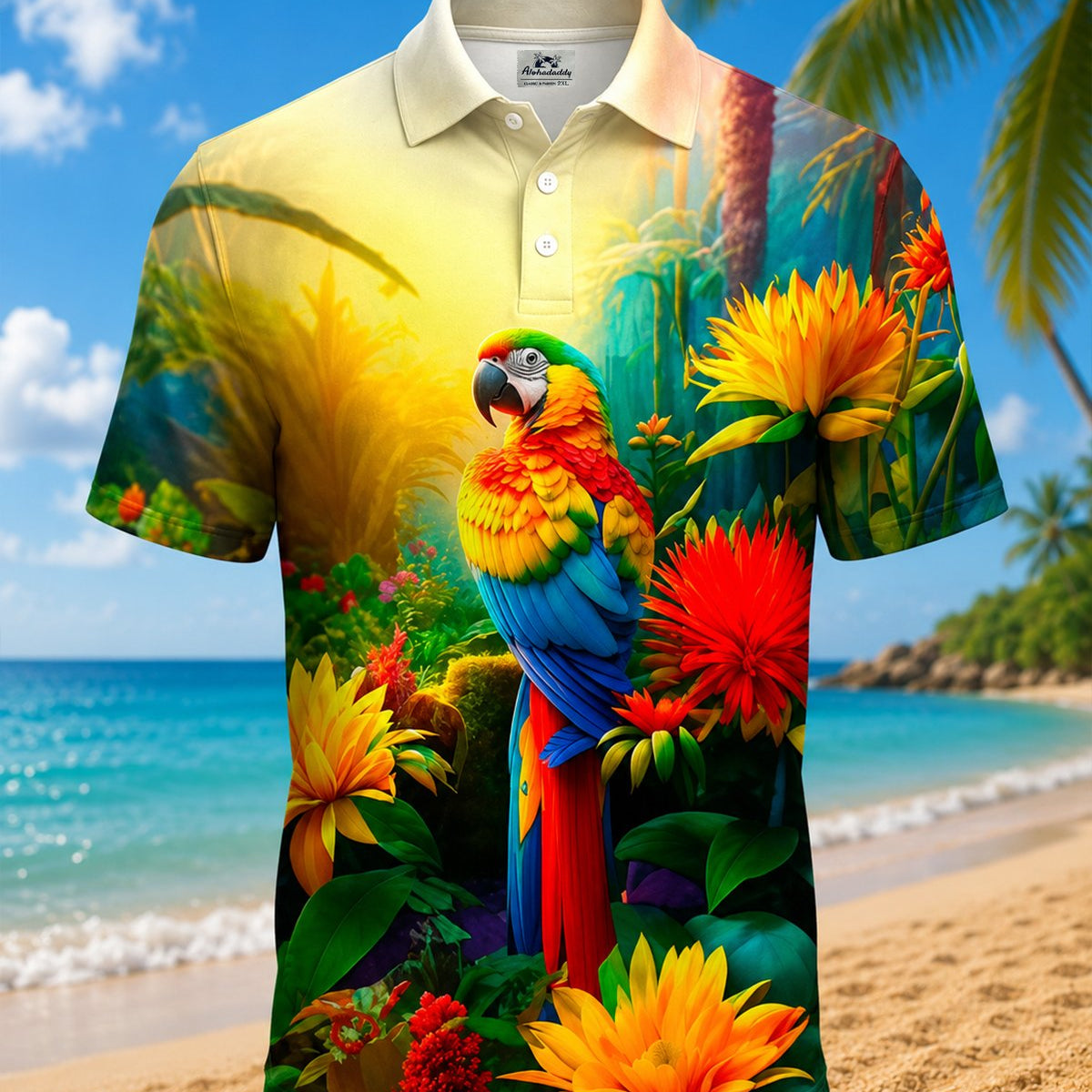 Alohadaddy® Hawaiian Flower Tropical Plant Parrot Polo Short-Sleeve Shirt
