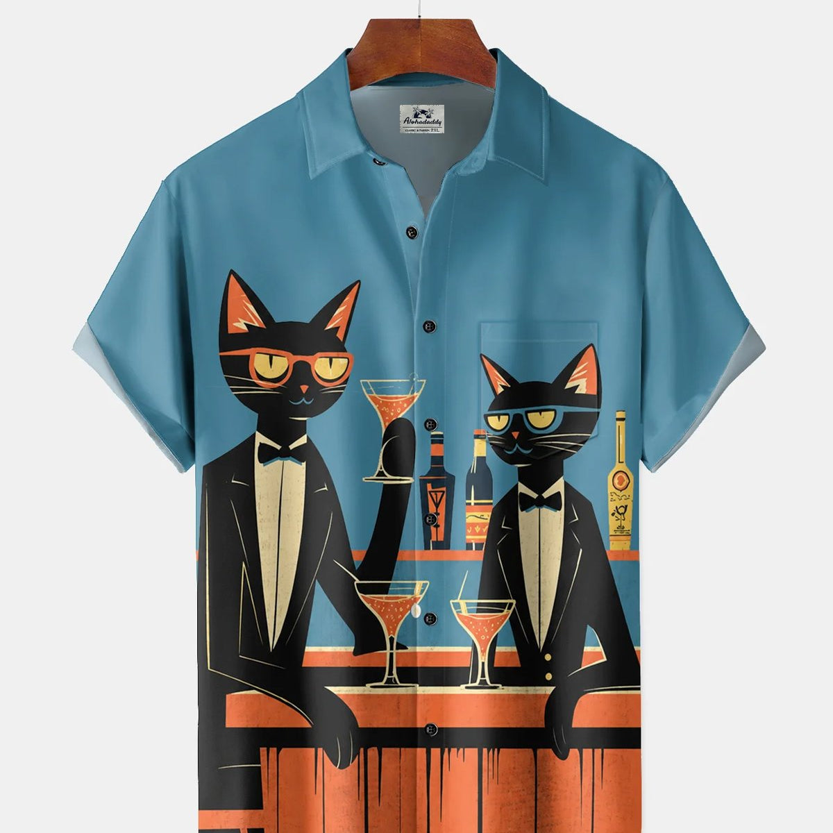 Alohadaddy® Retro Mid-Century Modern Geometric Atomic Cartoon Cat Short-Sleeve Shirt