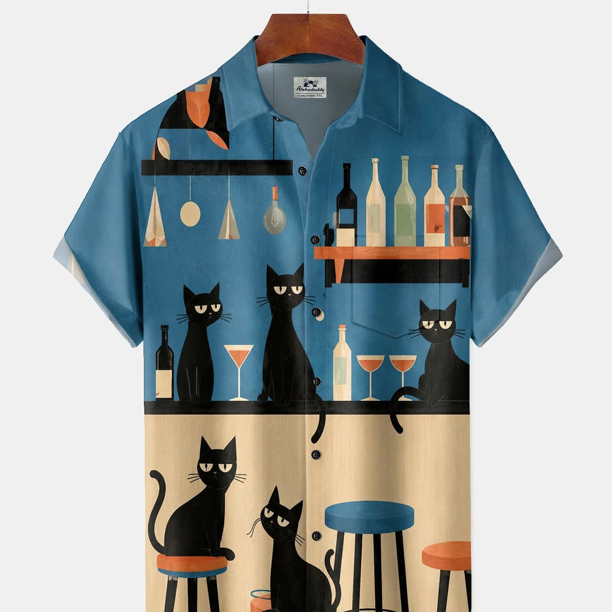 Alohadaddy® Retro Mid-Century Modern Geometric Atomic Cartoon Cat Cocktail Short-Sleeve Shirt